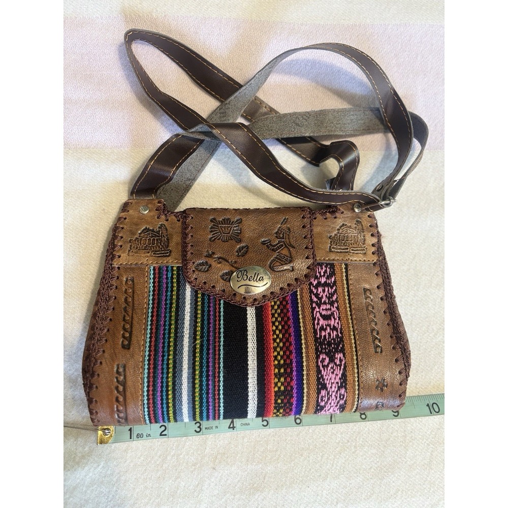 Bella Crossbody Bag Adjustable Strap Embossed Faux Leather Striped Fabric Logo